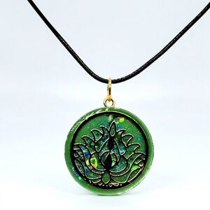 Radiant Blue Green Holographic Glitter Copper Lotus Flower Design Hippie Necklac